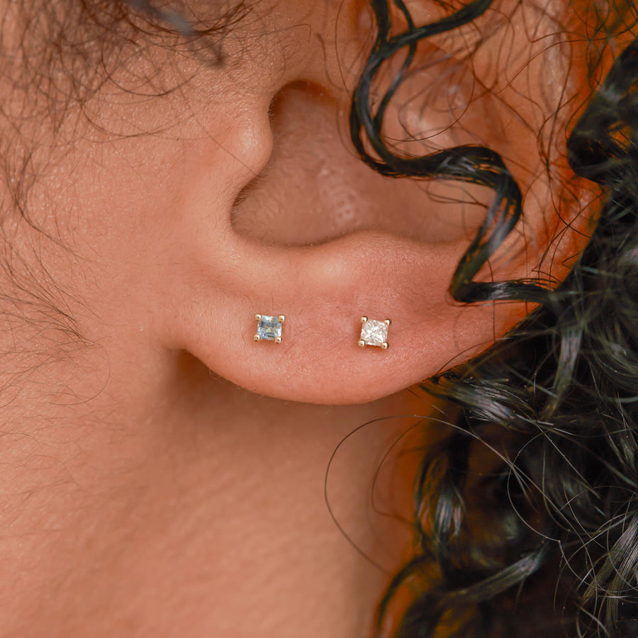 Mini Earrings - 2mm Square Aquamarine